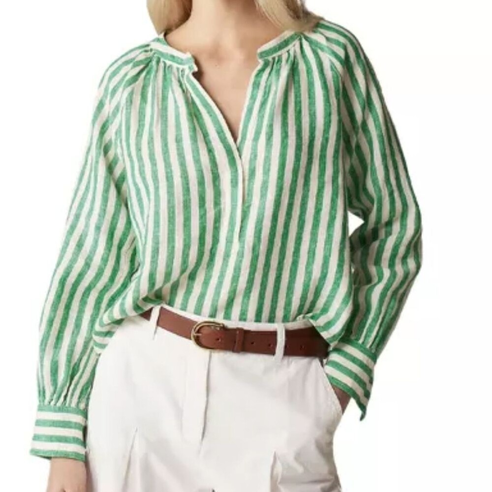 J.Crew NWT Green Striped Cabana Linen Top S Coastal Preppy Spring Minimalist